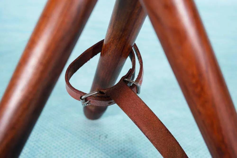 Scandinavian bohemian leather stool, Danish teak stool.