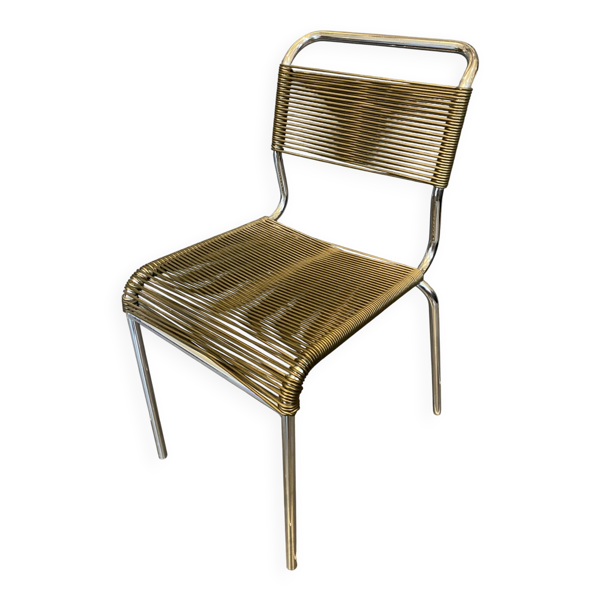 Scoubidou chair or vintage 1960s khaki green chrome spaghetti chair