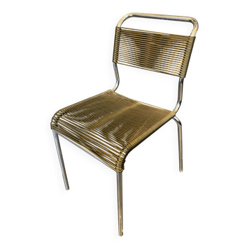 Chaise scoubidou ou spaghetti vert kaki chrome vintage 1960