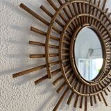 Vintage 1960s sun mirror, rattan, ORTF style, spiral eye - 66 x 50 cm