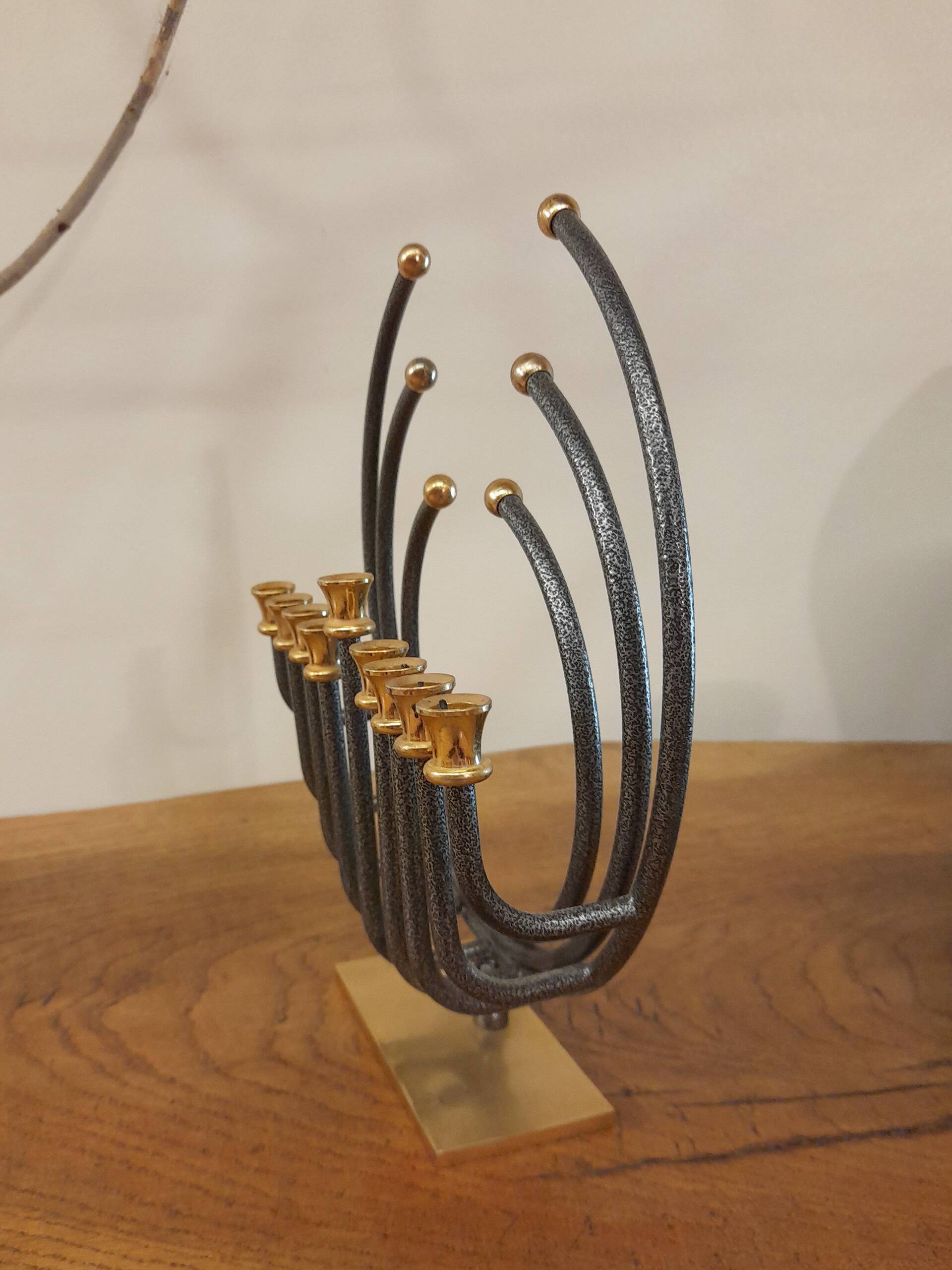 Menorah Hanoukia gold and silver plated, made in Israel by Karshi, 1970