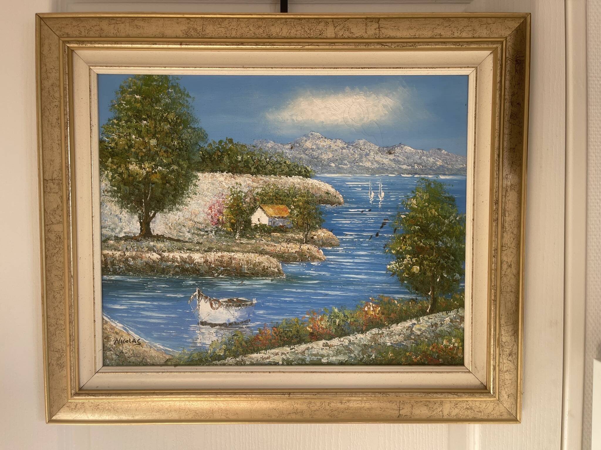 Old Oil Painting Canvas Sun Boat Sea Provence Sailor 50x40