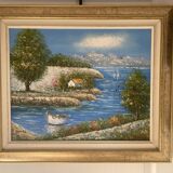 Old Oil Painting Canvas Sun Boat Sea Provence Sailor 50x40