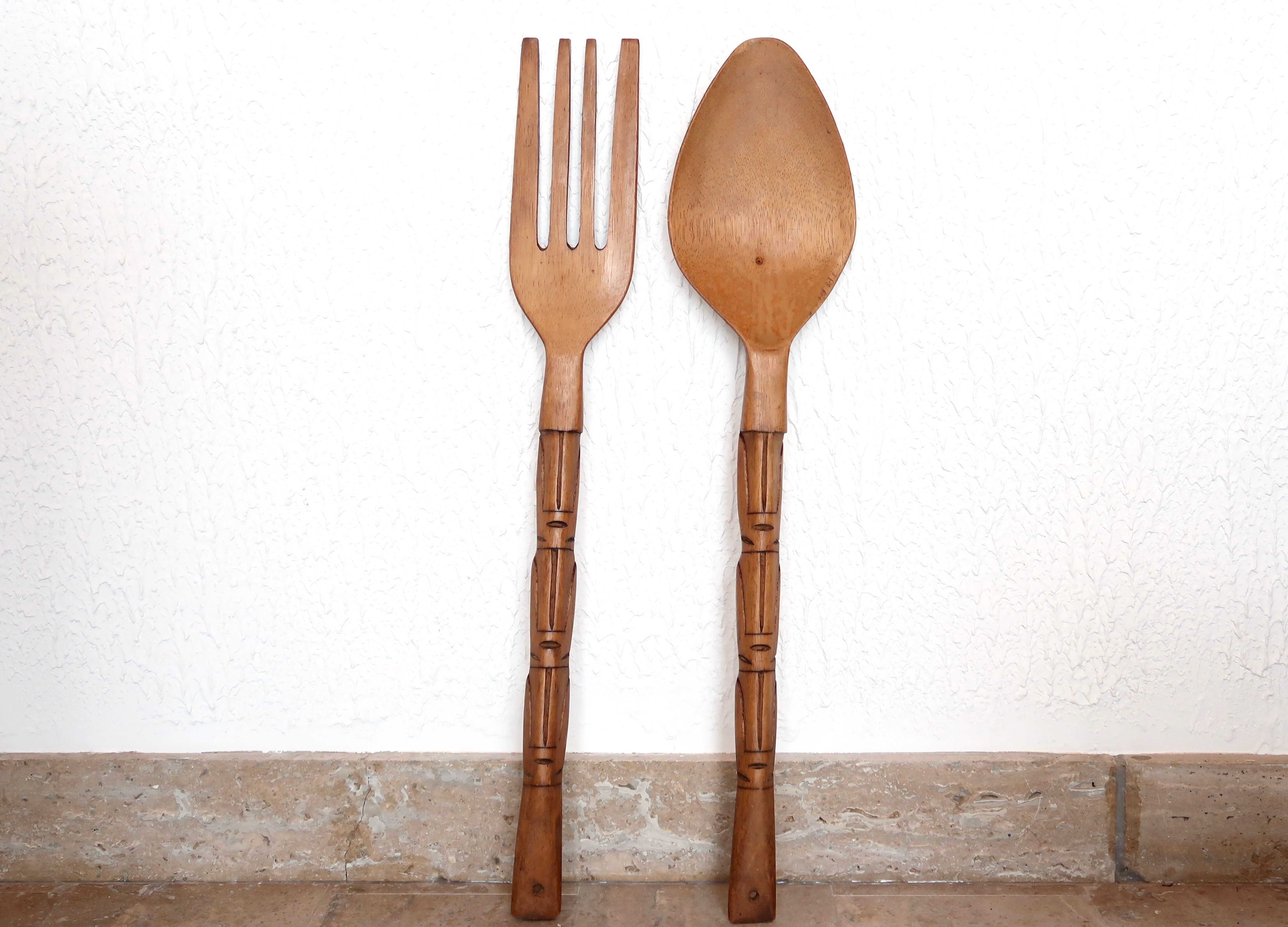 Giant wooden totem-style cutlery, 60s