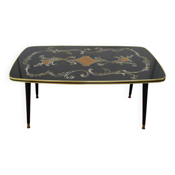 Grande table basse 1960' décor rococo & pieds compas
