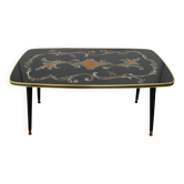 Grande table basse 1960' décor rococo & pieds compas
