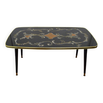 Grande table basse 1960' décor rococo & pieds compas
