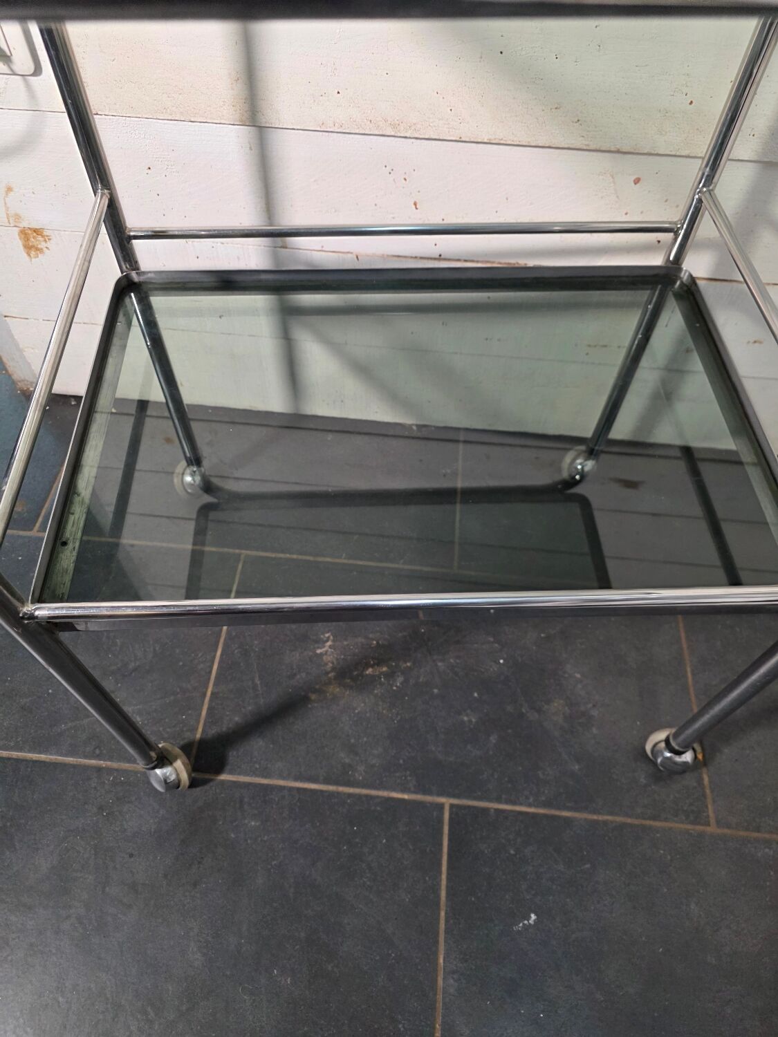 Vintage chrome metal dessert trolley with smoked glass from the 1970s.