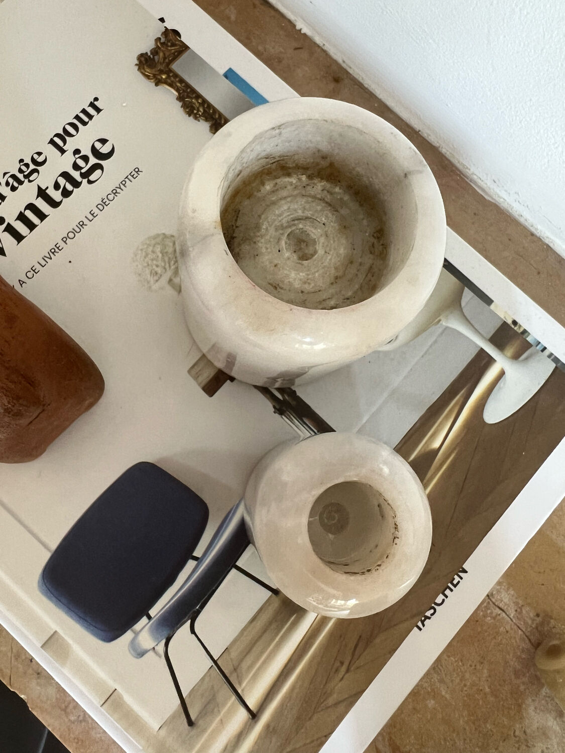 Set of vintage grey marble candle holders