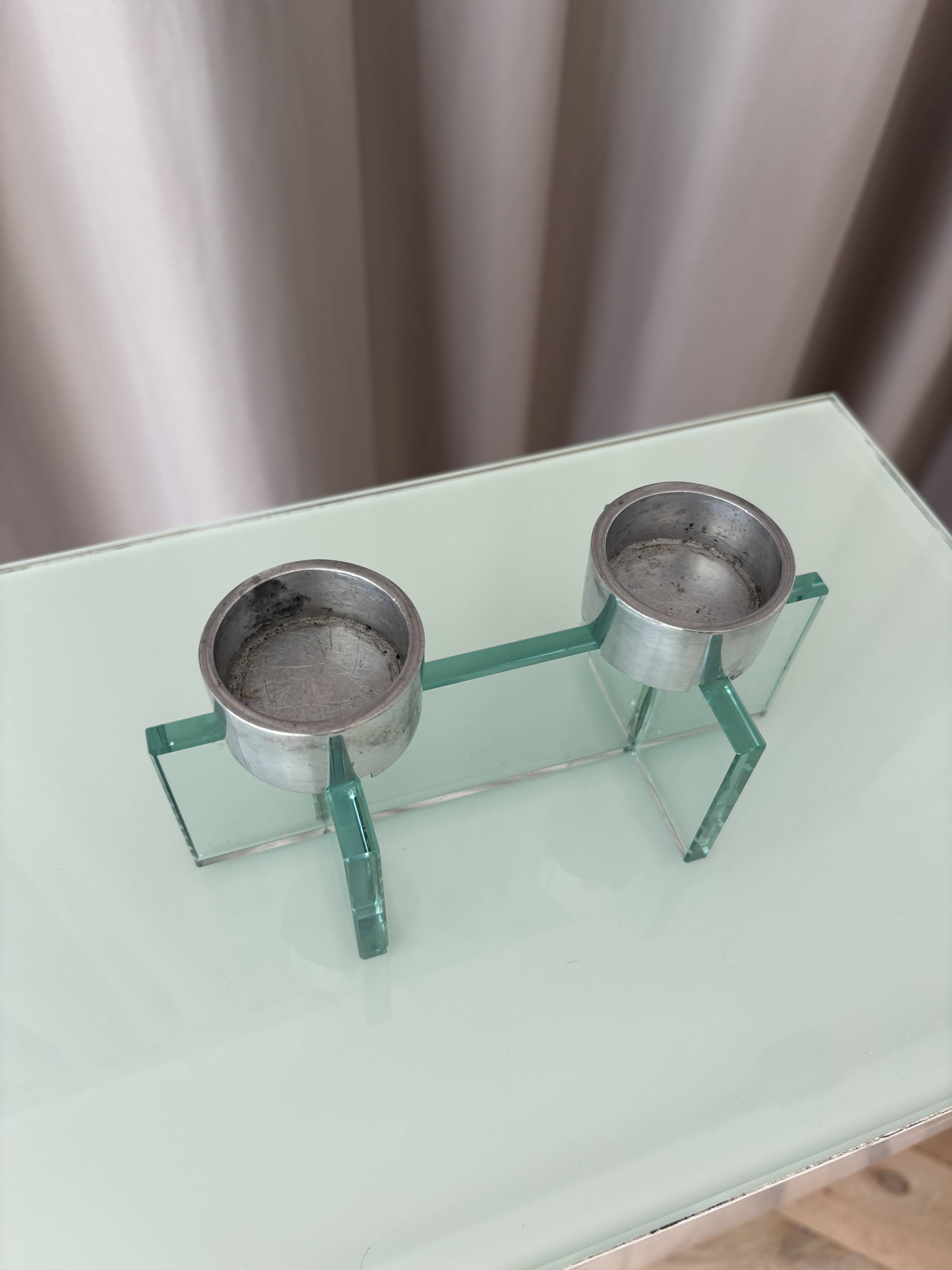 Postmodern double candlestick in glass and chrome metal