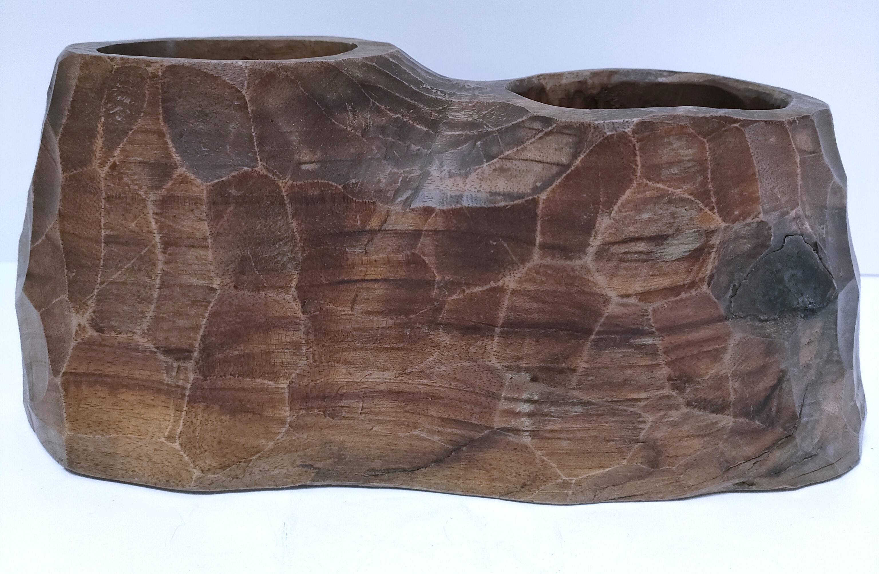 Carved solid wood pencil holder signed vintage