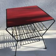 Old coffee table with black metal and scoubidou magazines holder