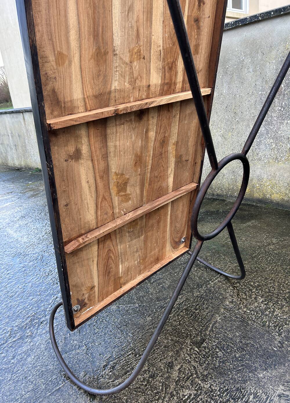 Large coffee table, wood and wrought iron, industrial spirit, vintage, 80s