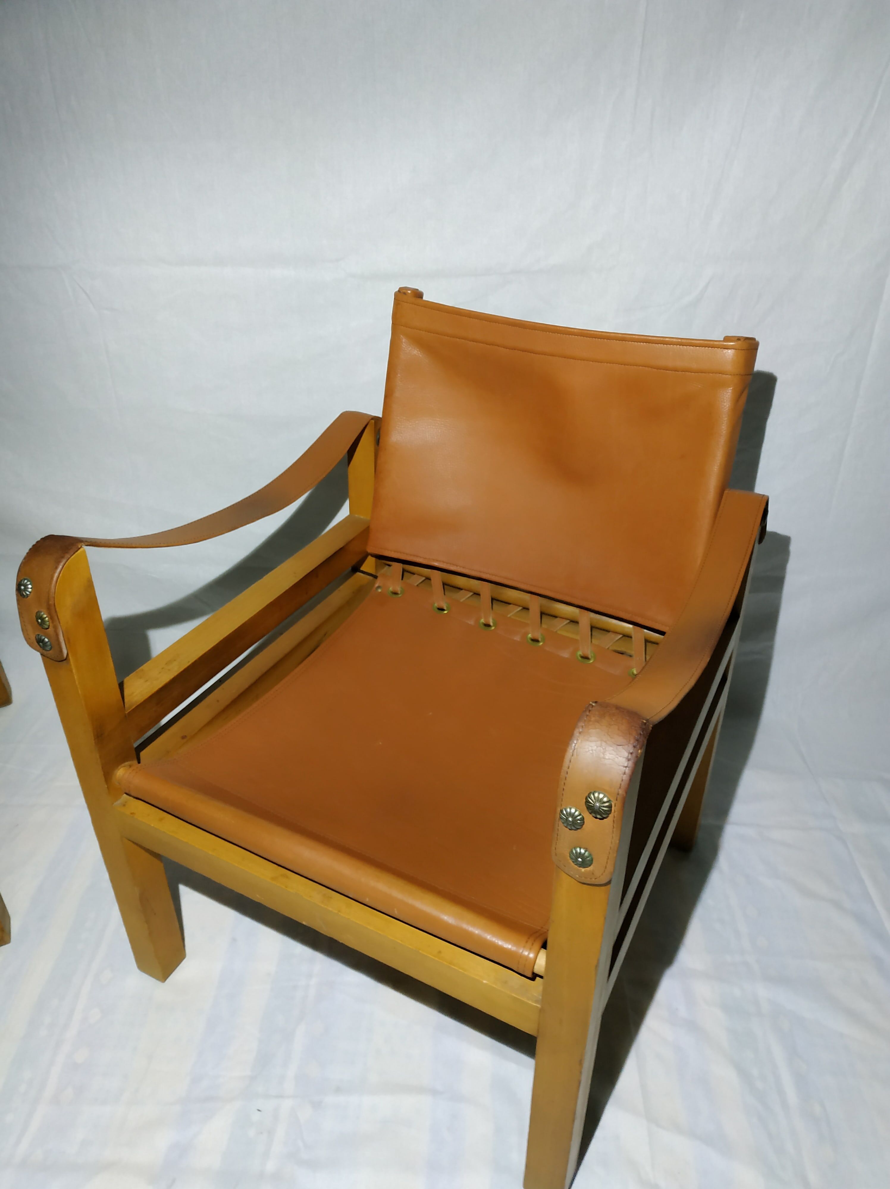 Pair of safari leather armchairs 50s