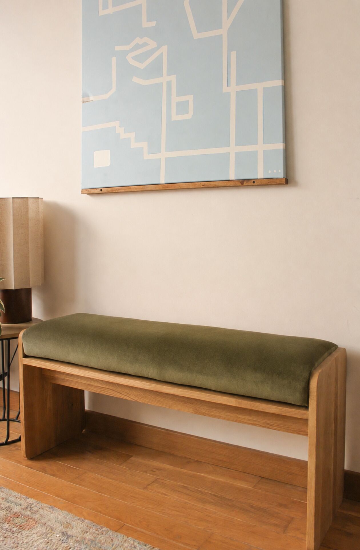 solid oak bench with customizable cushion