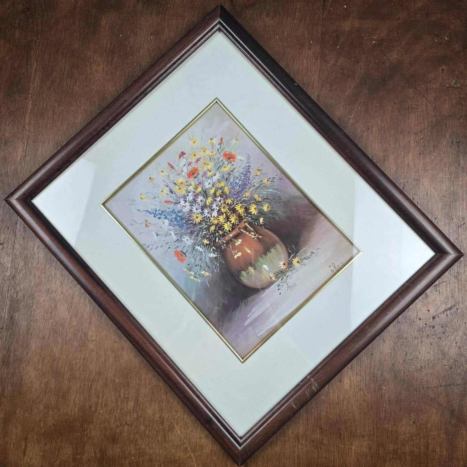 Vintage frame bouquet of flowers signed Roca – Decorative print under glass