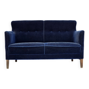 1960s, Danish 2-seater sofa. dark blue furniture velour.