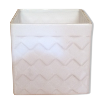 Square pot cover terra cotta enamelled white vintage