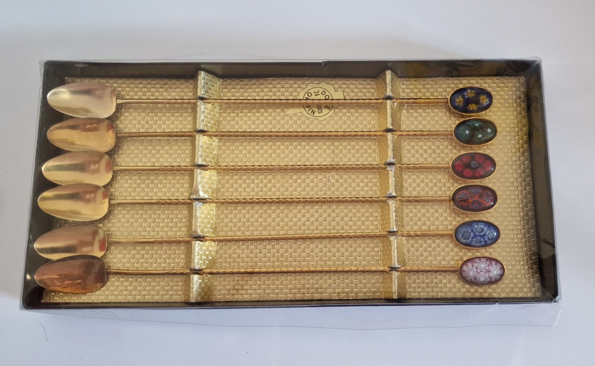 6 teaspoons Mazagran gilded to fine gold 24 carat finish enamels in Murano glass