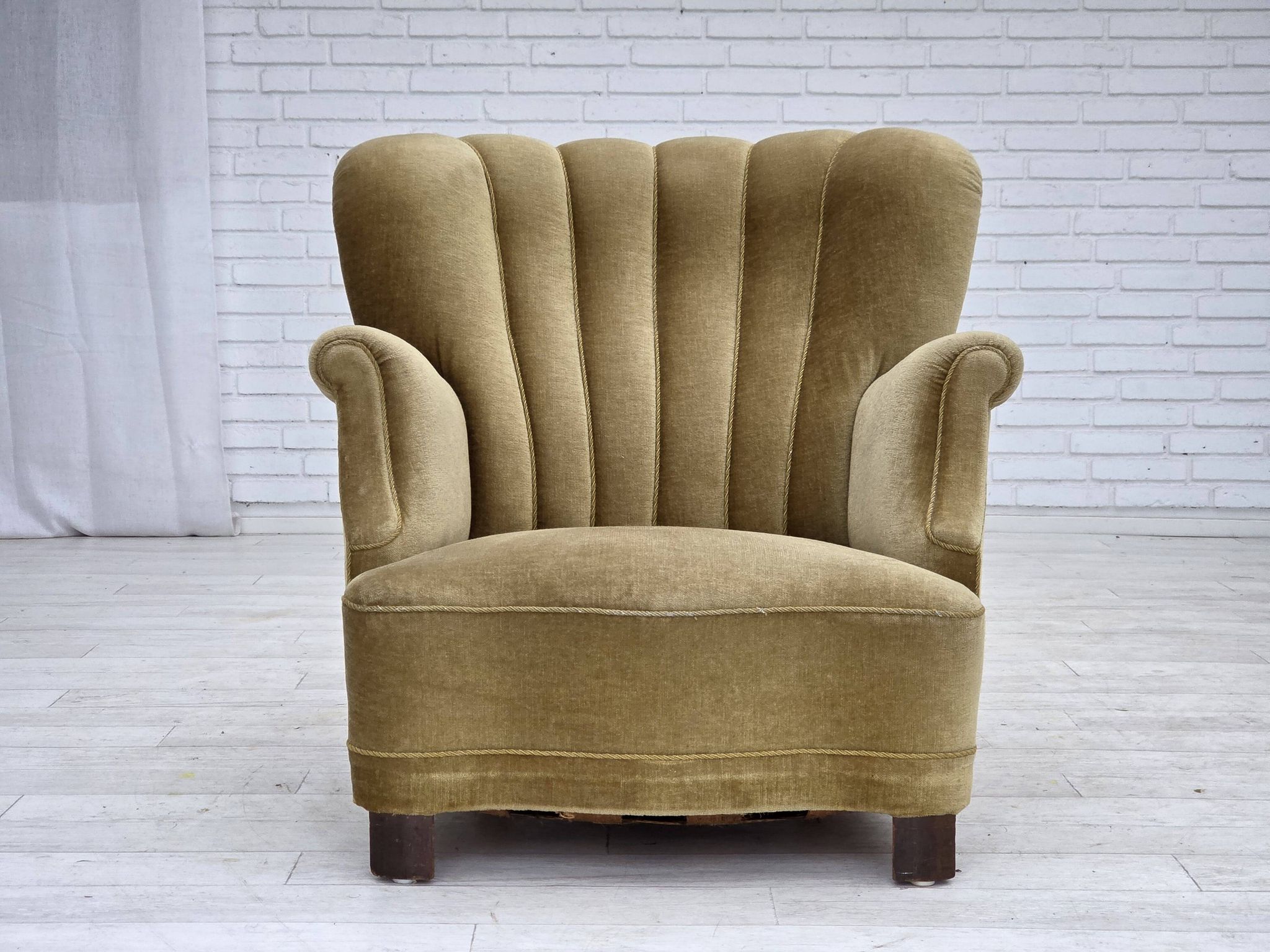 1960s, Danish armchair, green furniture velour, oak wood.
