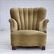 1960s, Danish armchair, green furniture velour, oak wood.