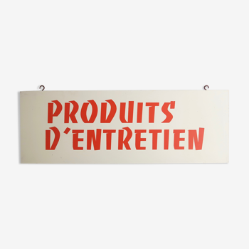 Plaque enseigne en bois peint " produits d'entretien ", années 60