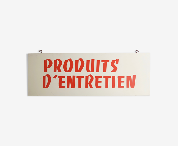 Plaque enseigne en bois peint " produits d'entretien ", années 60
