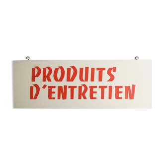 Plaque enseigne en bois peint " produits d'entretien ", années 60