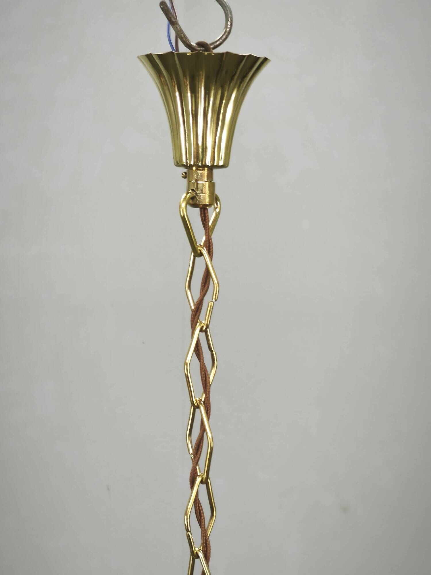 1930s Czechoslovak Art Deco Brass and Opaline Glass Chandelier