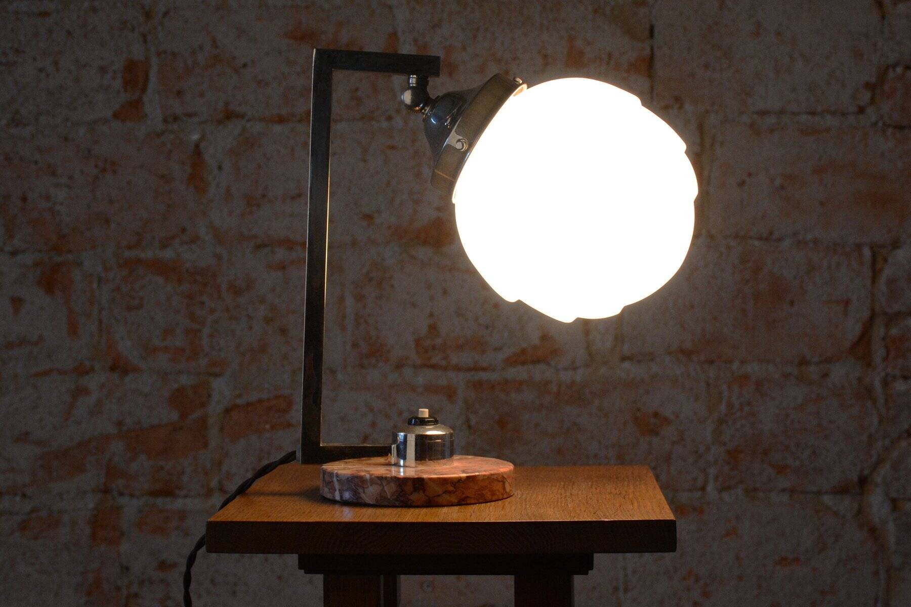 Bauhaus Table Lamp in Marble, Opaline Glass, and Chrome, France, 1920s