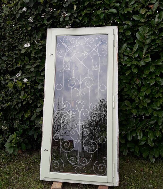 Window frame 179x88cm walnut oak wrought iron grille opening glass panel