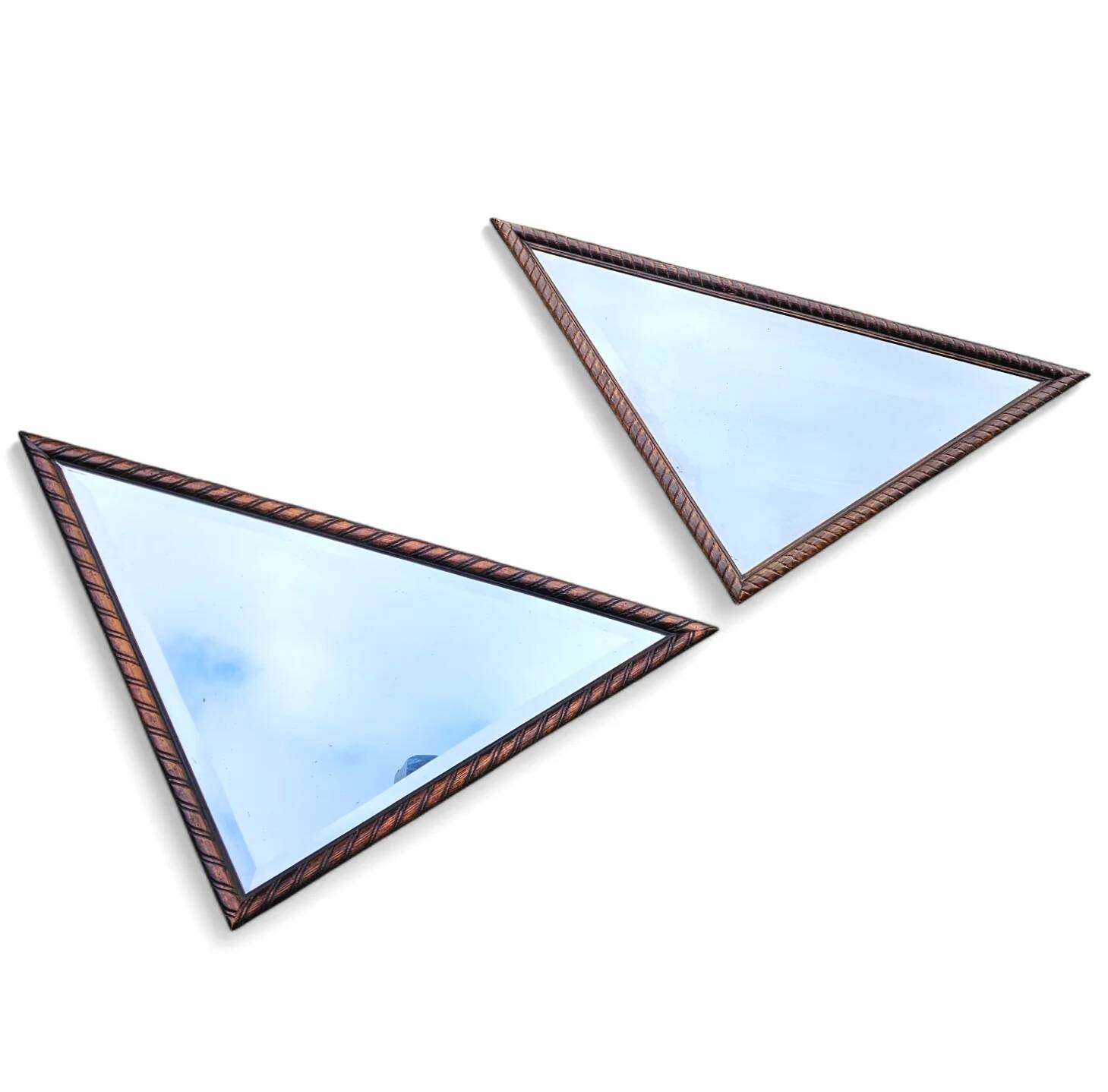2 x miroirs triangulaires en bois de chêne / bords coupés à facettes