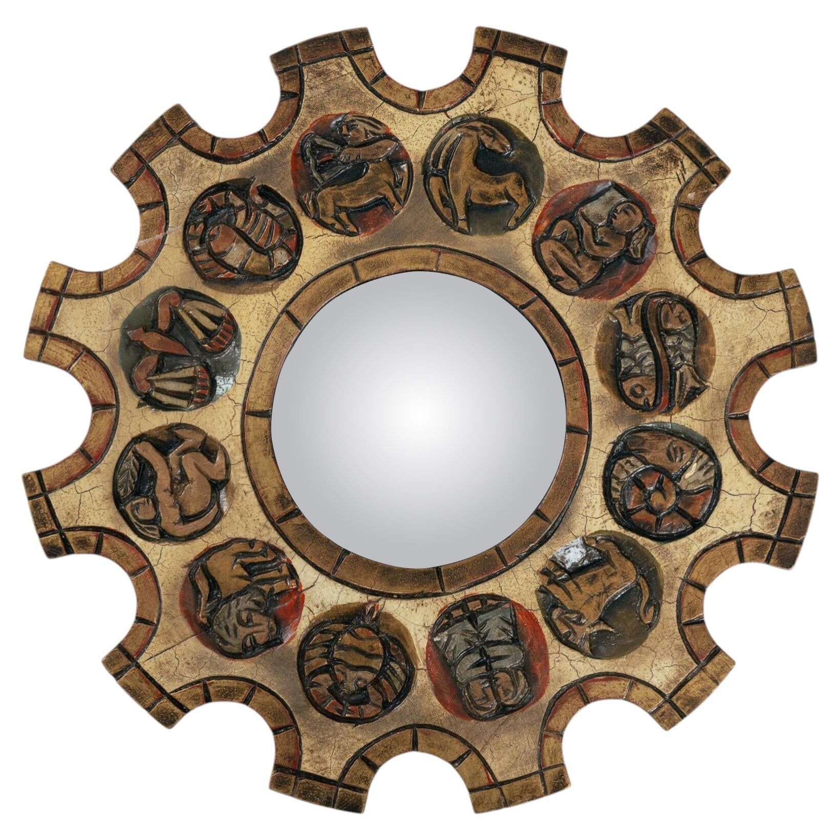 Spanish Zodiac Sunburst Mirror with Sculpted Red Giltwood Frame, Arnolfini, 1950s