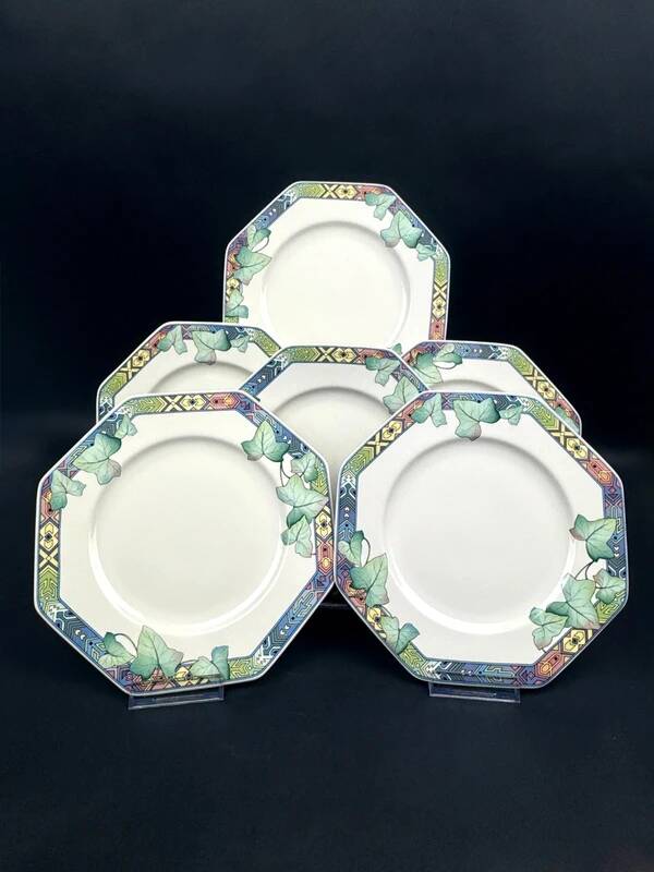 6 Villeroy & Boch Pasadena octagonal porcelain dessert plates with ivy decor