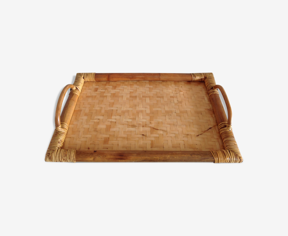 Plateau rectangulaire en rotin / vintage années 60-70