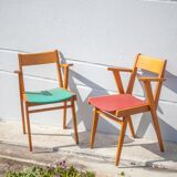 Pair of wooden and skai chairs from the 50s, vintage chairs, chair with armrests, retro