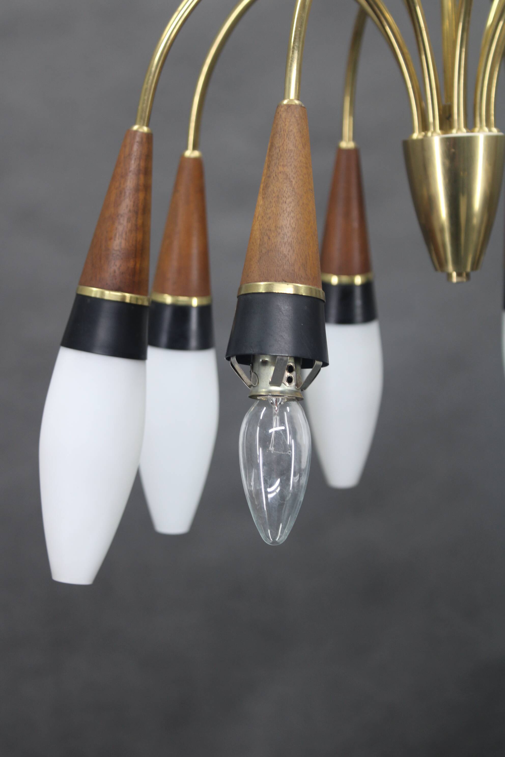 1960s Rupert Nikoll Brass and Teak Opaline Glass Chandelier ,Austria