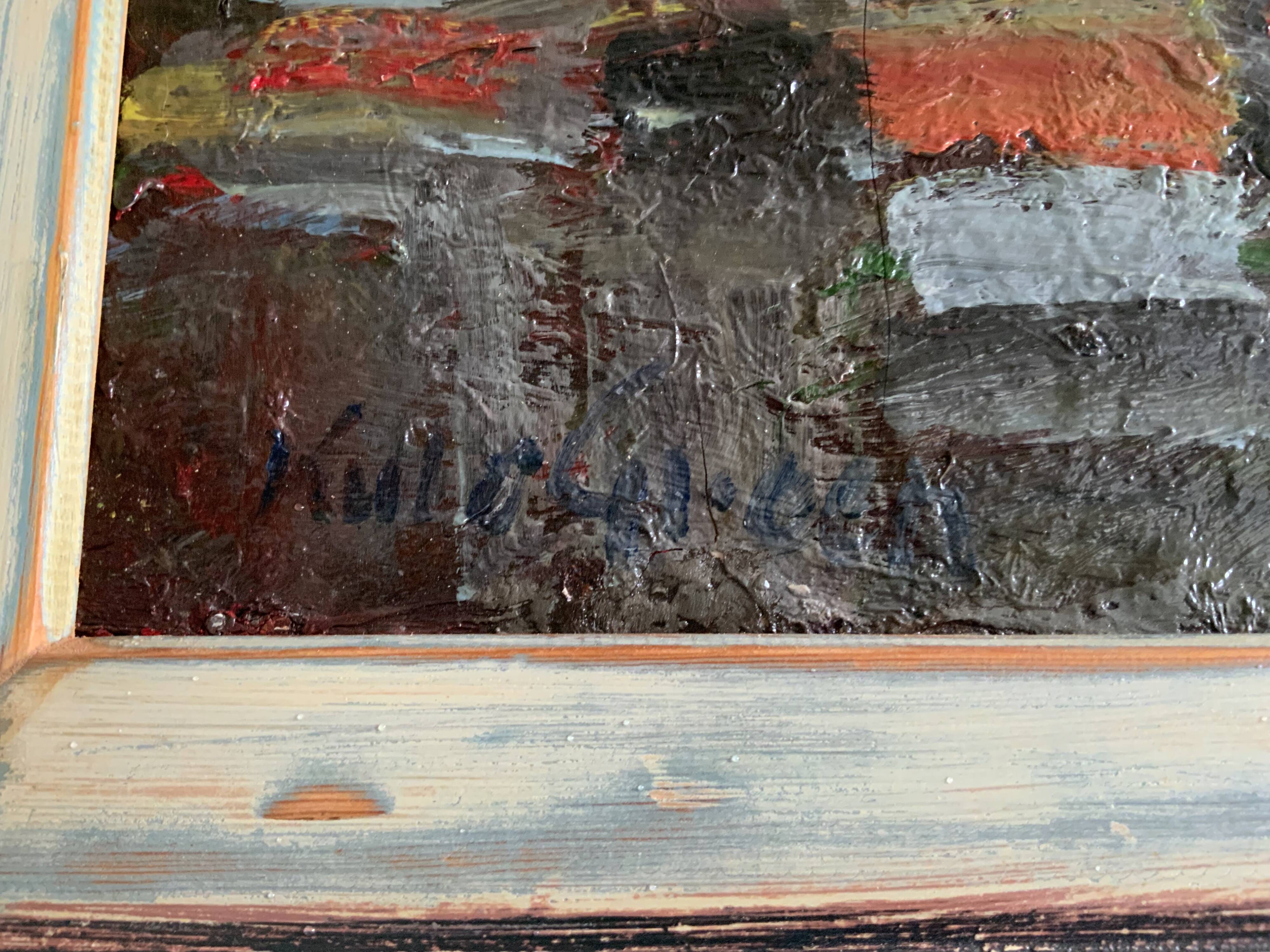 Vintage Abstract Kulo Green Oil Painting 1970s