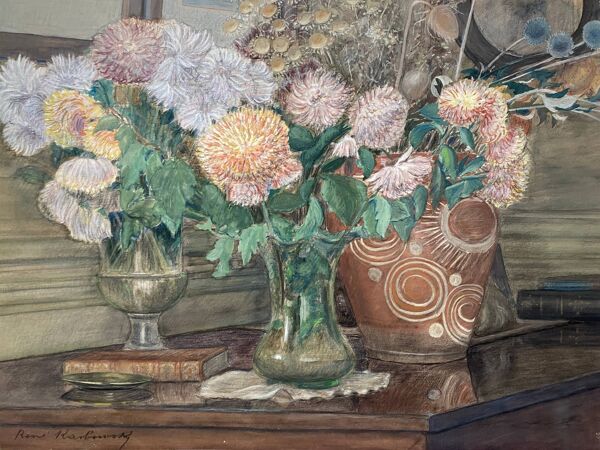 Tableau René Karbowsky (1883-?) composition aux fleurs pastel sur papier