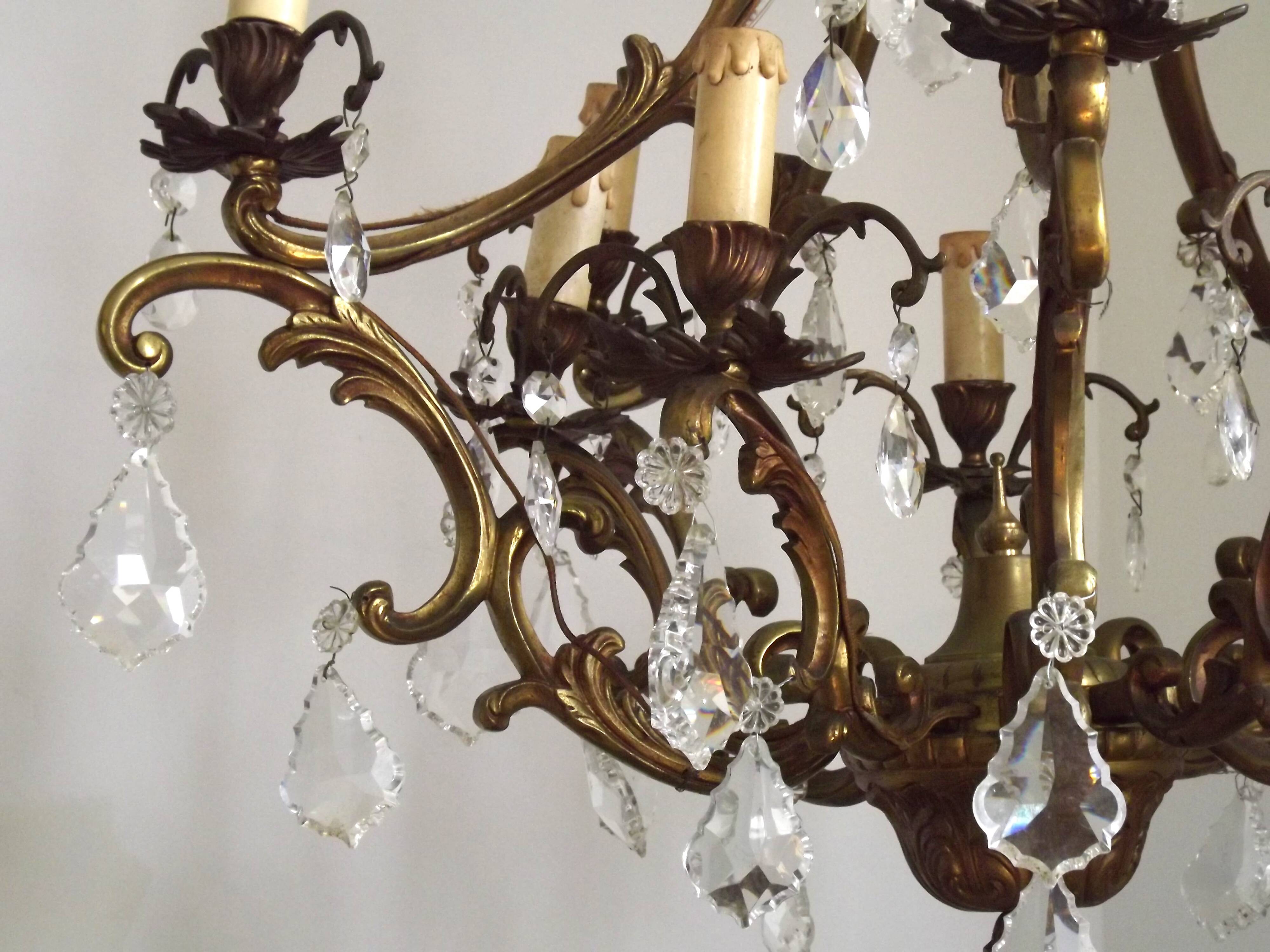 10 Light 5 Sided Bronze and Crystal Cage Chandelier