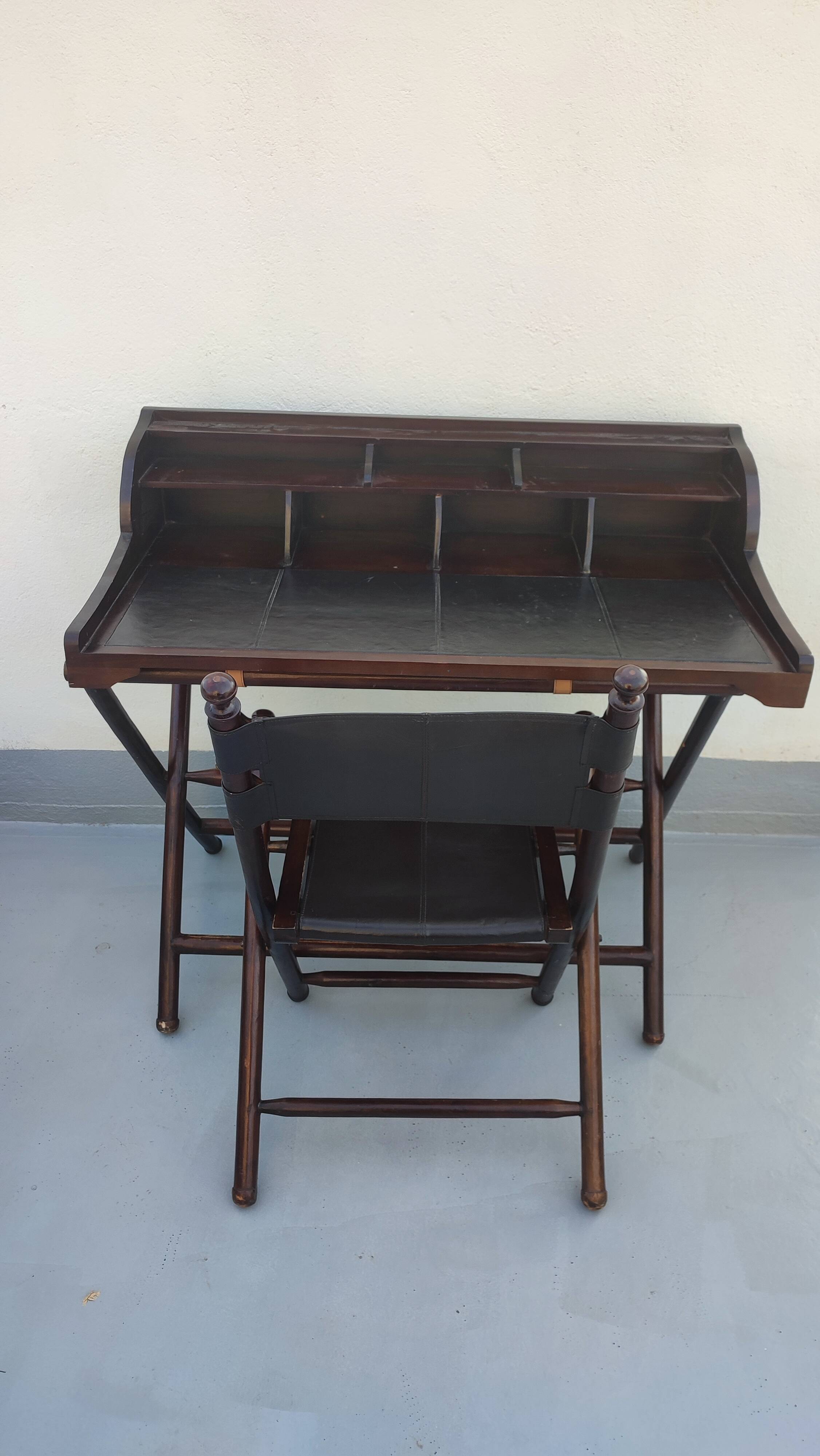 Colonial desk in wood and leather with armchair