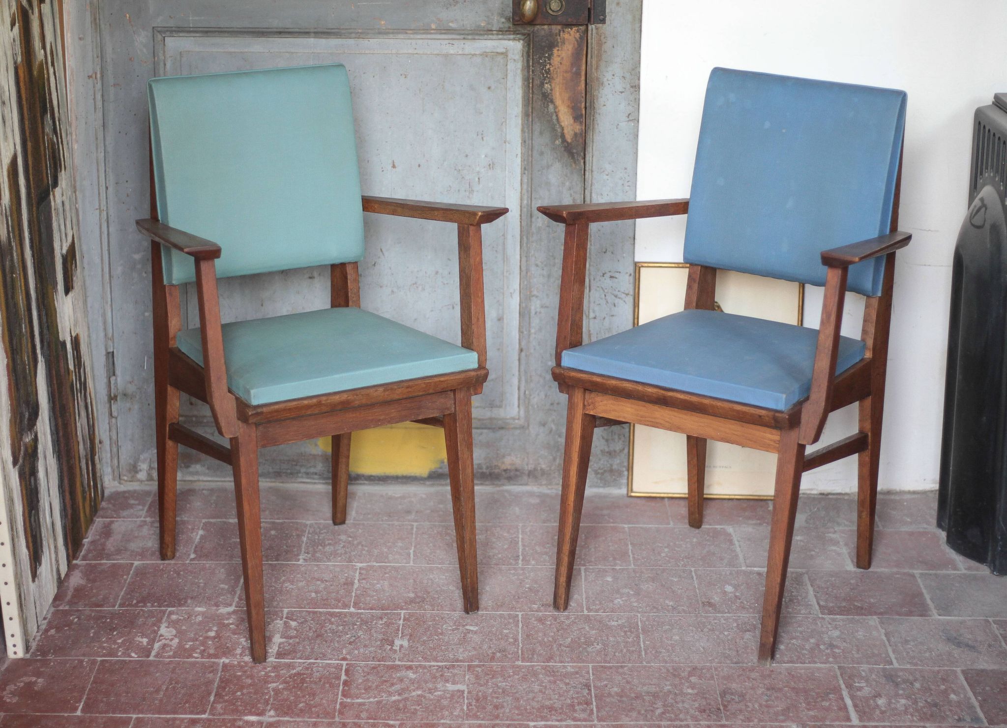 Pair of wooden bridge armchairs from the 1950s, vintage chairs.