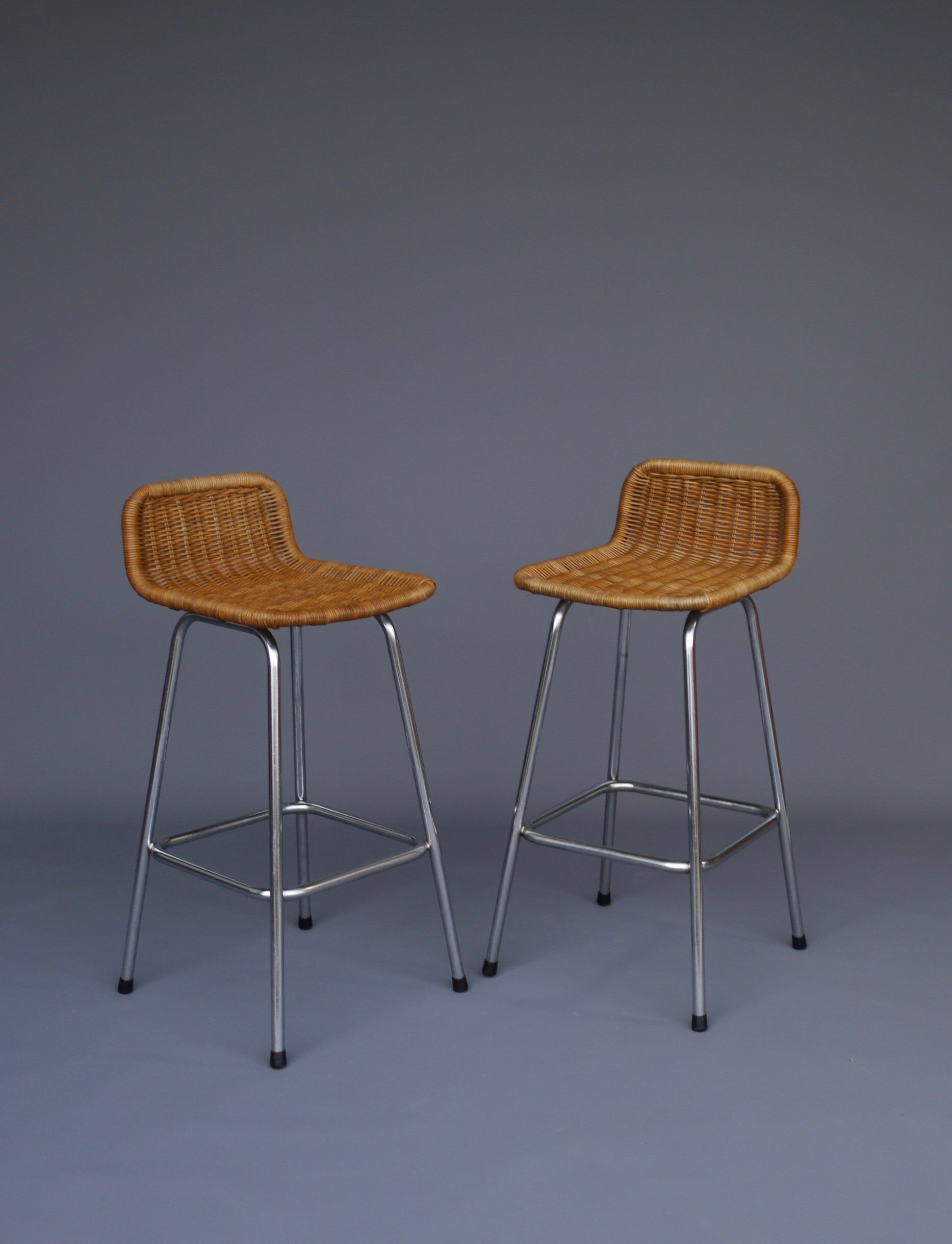 Chromed Steel and Rattan Bar Stools from Rohé Noordwolde, 1960s, Set of 2