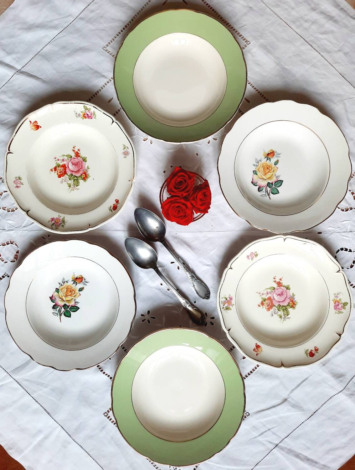 Old mismatched earthenware soup plates