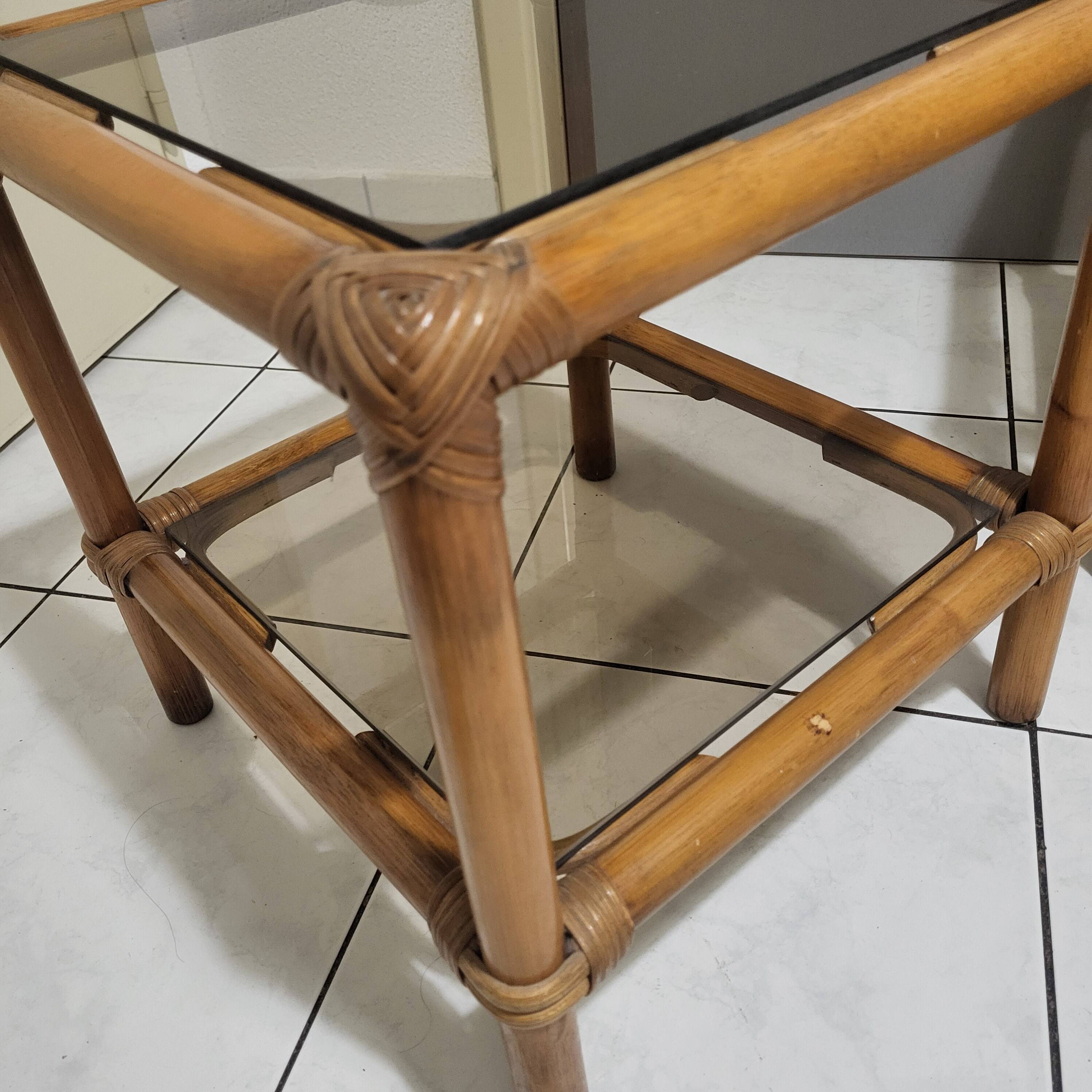Table, side table in rattan and smoked glass from the 60s, vintage