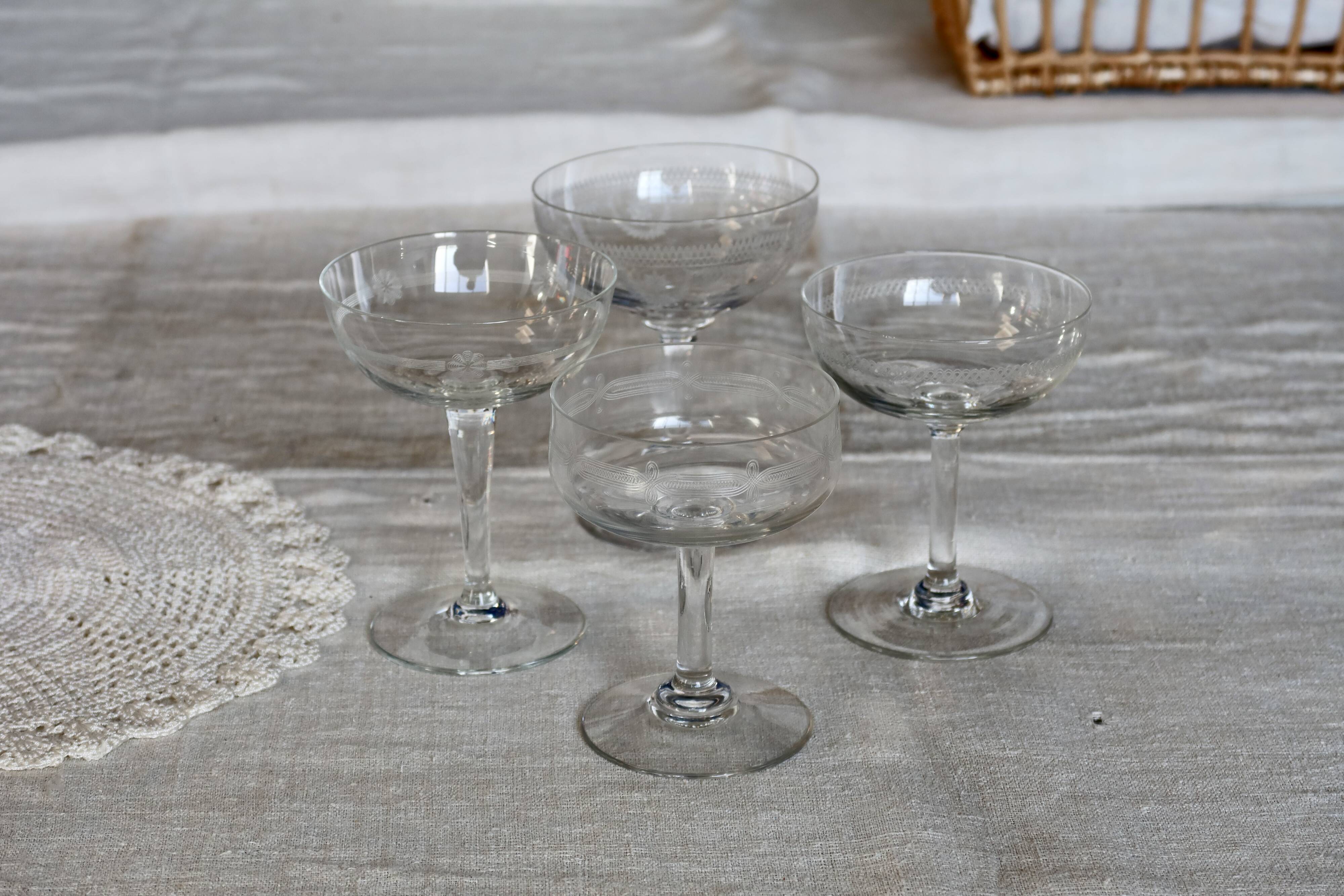 Mismatched vintage cut crystal champagne glasses
