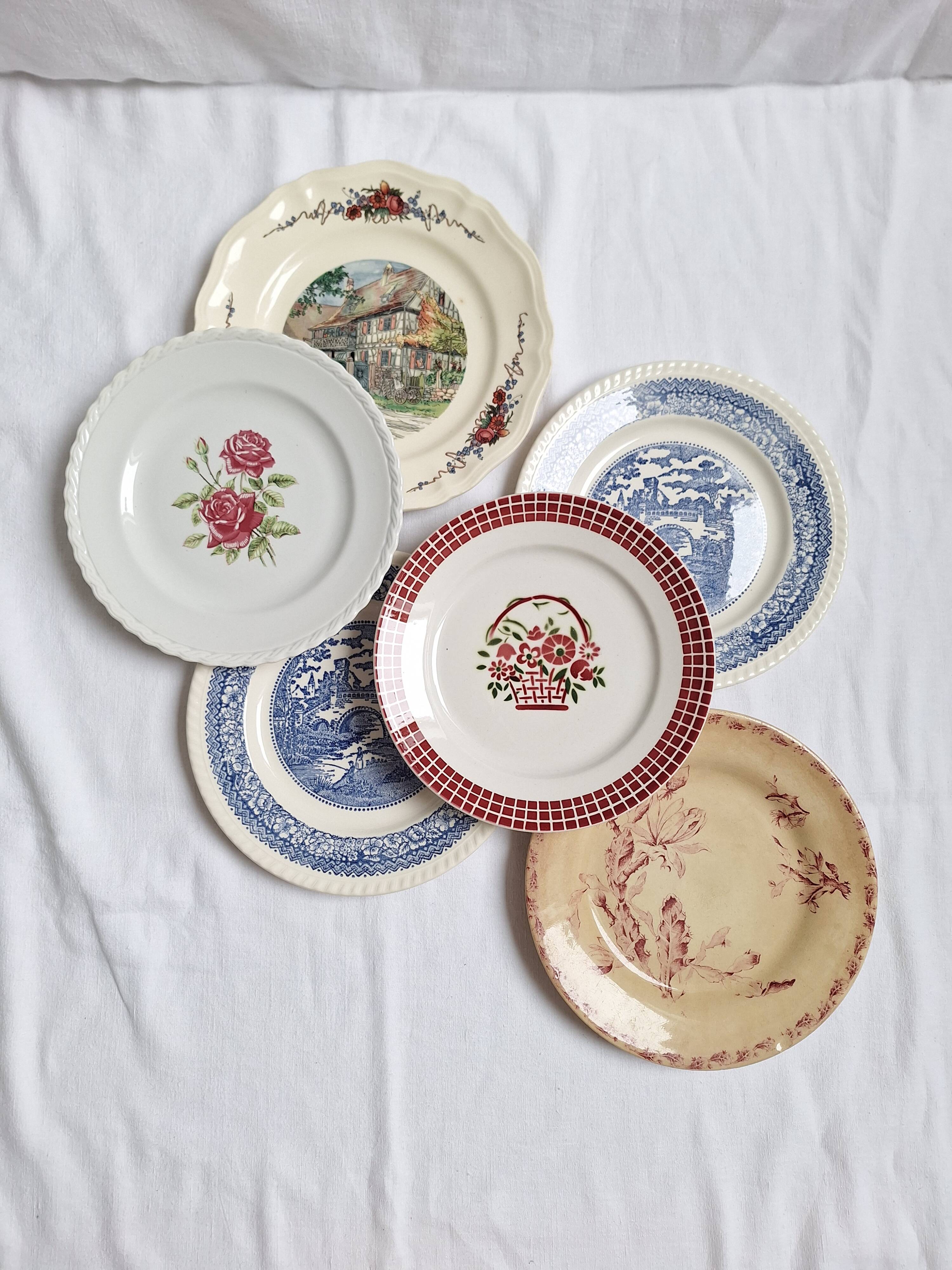 6 blue and pink dinner plates