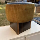 Black hexagonal pouf in fabric and faux leather, mid-century Hungarian ottoman from the 1950s.