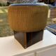 Black hexagonal pouf in fabric and faux leather, mid-century Hungarian ottoman from the 1950s.