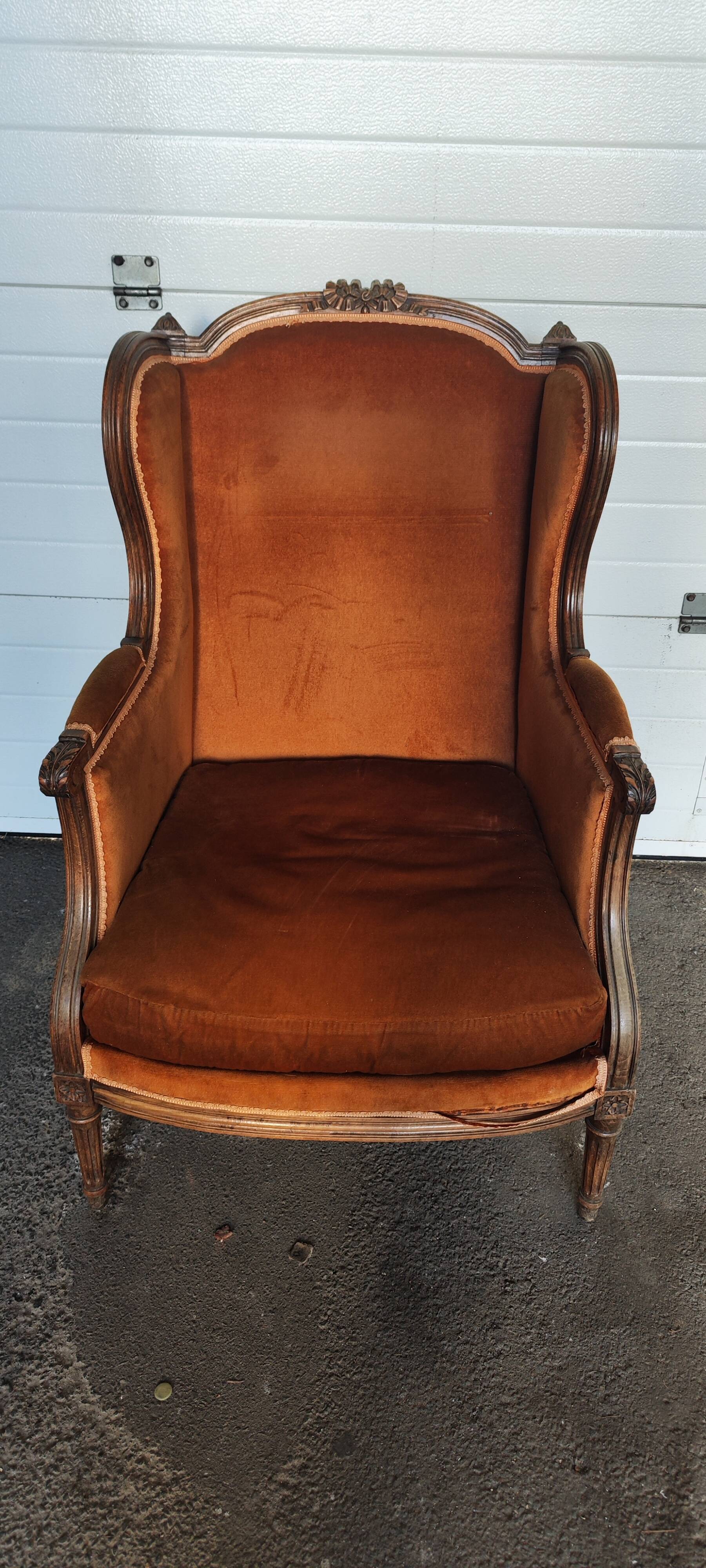 Large Louis XVI style bergère armchair in amber brown velvet